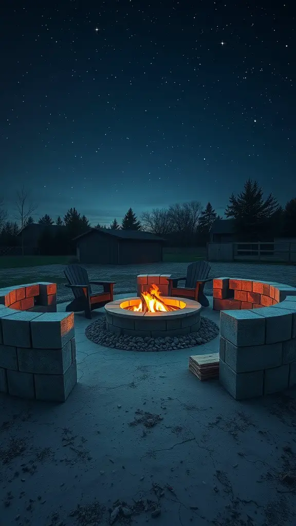 21 Creative Cinder Block Garden Ideas for Your Outdoor Space 4 A cozy fire pit surrounded by cinder blocks and chairs, set against a starry night sky.