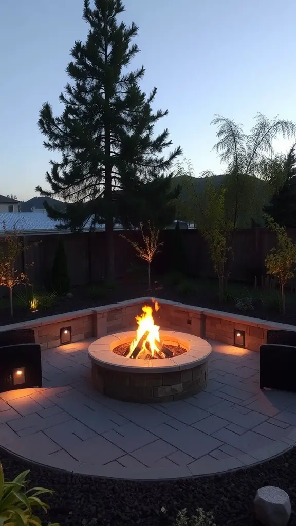 23 Stunning Corner Landscaping and Lighting Ideas to Illuminate Your Outdoor Space 7 A cozy fire pit surrounded by illuminated stone seating and trees, creating a warm outdoor ambiance.