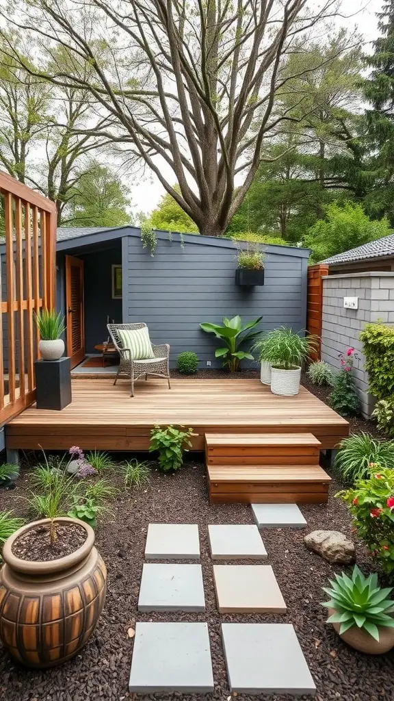 19 Stunning Floating Deck Plans You'll Love 6 A cozy floating deck in a small garden space with pavers, plants, and a chair.