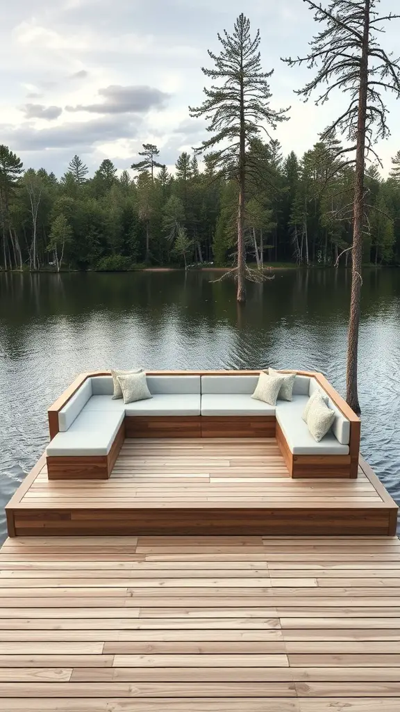 19 Stunning Floating Deck Plans You'll Love 8 A floating deck with built-in seating overlooking a calm body of water surrounded by trees.