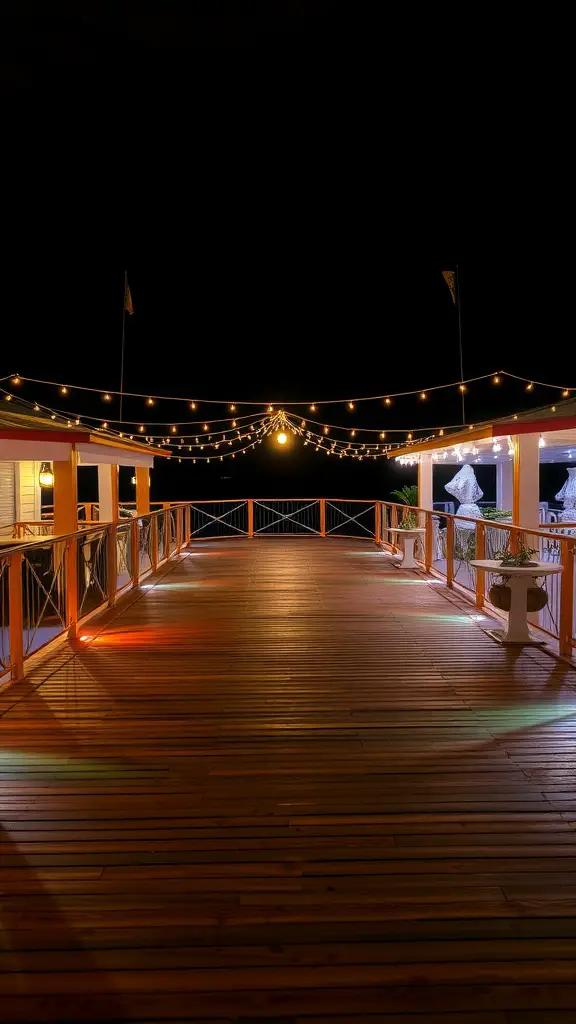 19 Stunning Floating Deck Plans You'll Love 15 A floating deck illuminated by string lights at night.