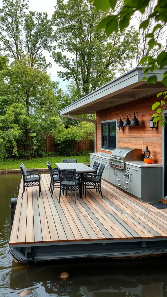 19 Stunning Floating Deck Plans You'll Love 16 A floating deck with an outdoor kitchen featuring a grill, dining table, and chairs, surrounded by greenery.