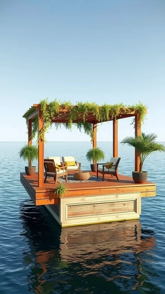 19 Stunning Floating Deck Plans You'll Love 5 A floating deck with a pergola on calm water, featuring chairs and potted plants.