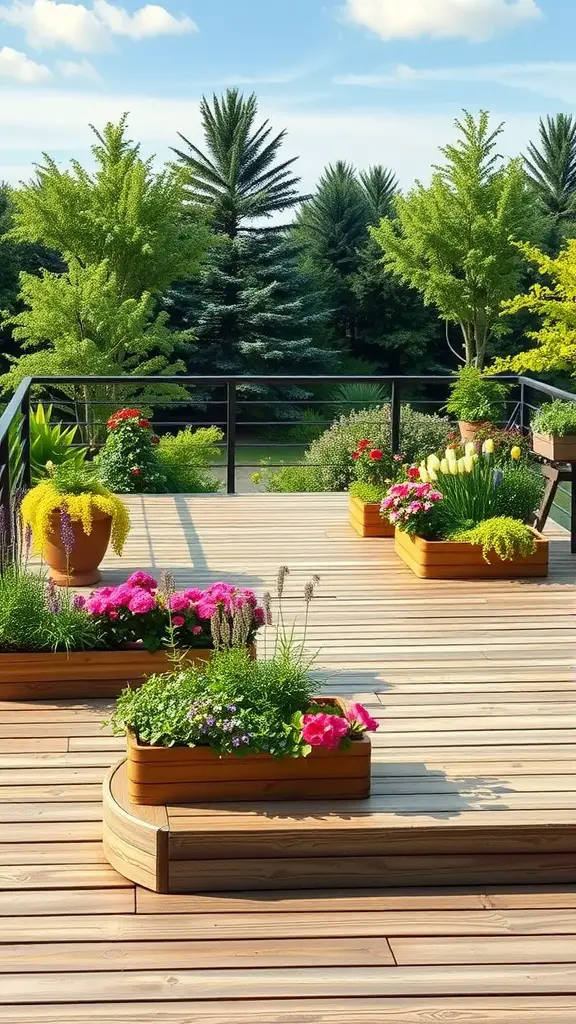19 Stunning Floating Deck Plans You'll Love 13 A cozy floating deck adorned with colorful planters, surrounded by lush greenery and trees.
