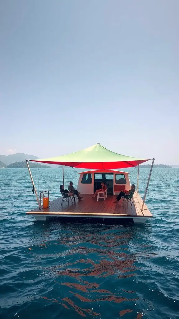 19 Stunning Floating Deck Plans You'll Love 12 A floating deck with a vibrant shade sail on calm waters, featuring people relaxing on chairs.