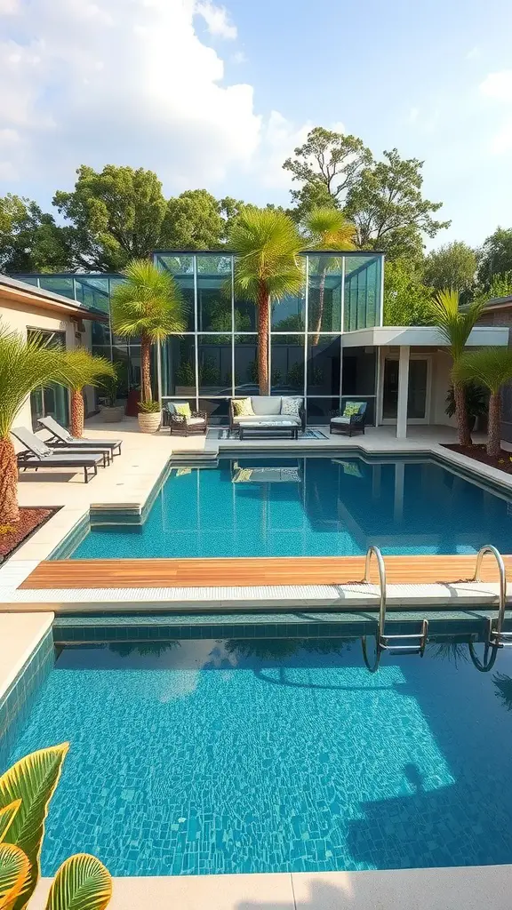 17 Stunning In-Ground Pool Ideas to Transform Your Backyard 14 A modern pool area featuring a floating deck and tropical landscaping with palm trees.