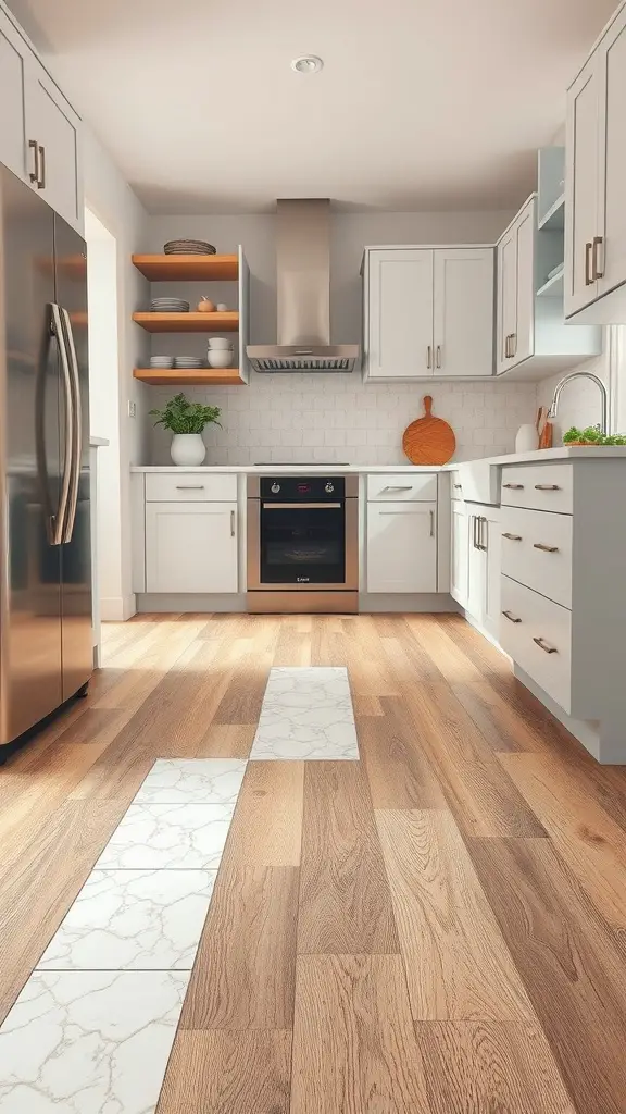 29 Stunning Kitchen Makeover Ideas for a Fresh Look 14 A modern kitchen with wooden flooring and marble accents, featuring white cabinets and stainless steel appliances.