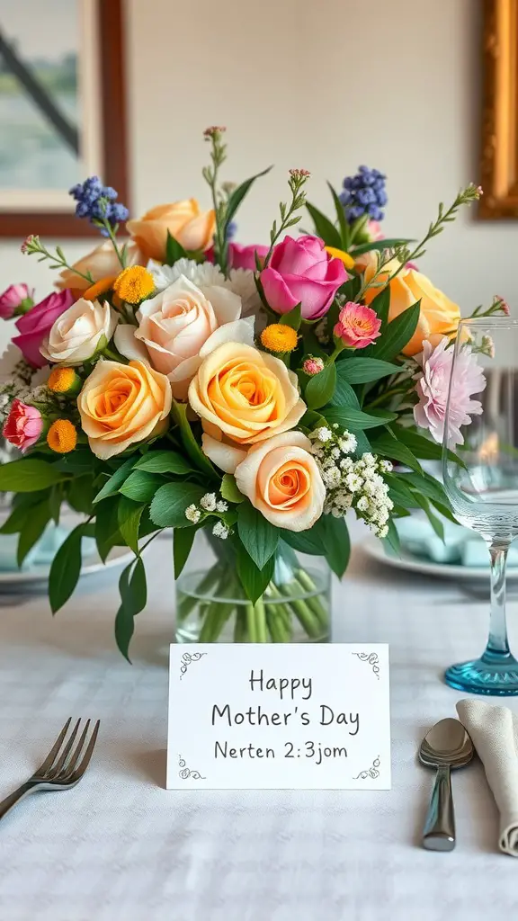 21 Creative Mother's Day Decor Ideas to Celebrate Mom 8 A floral centerpiece featuring colorful roses and a card that says 'Happy Mother's Day' on a nicely set dining table.