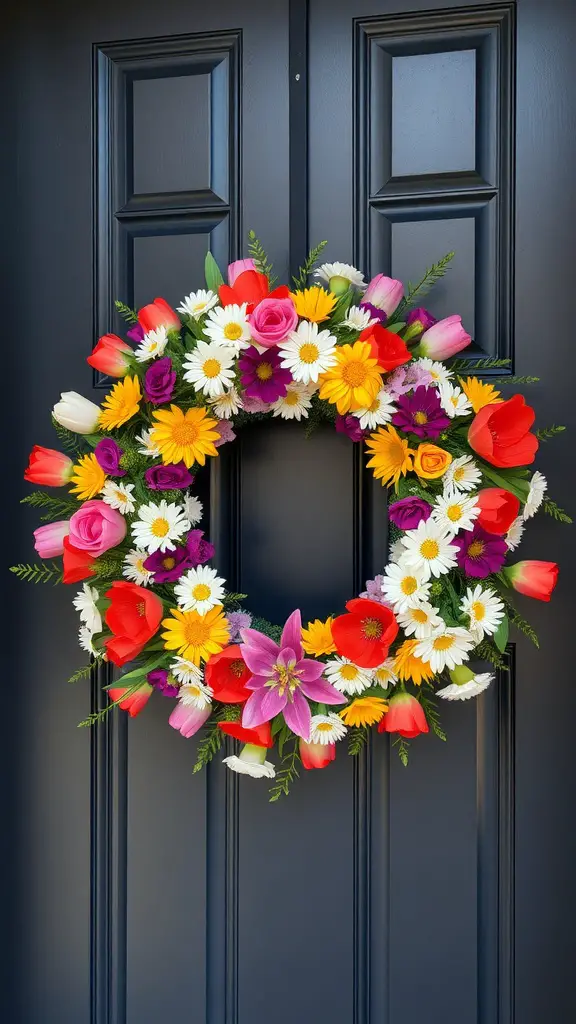 15 Beautiful DIY Spring Wreaths for Your Front Door 6 A colorful floral spring wreath with tulips, daisies, and roses on a dark door.