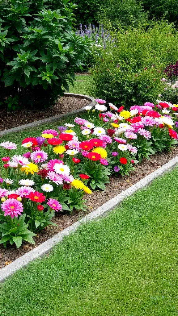27 Creative Small Garden Plans for Limited Spaces 7 A colorful flower bed bordered neatly with vibrant flowers in pink, yellow, and white in a lush green garden.
