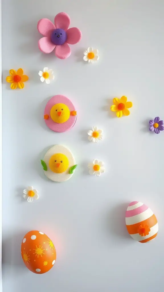 Colorful foam Easter egg magnets displayed on a white surface.