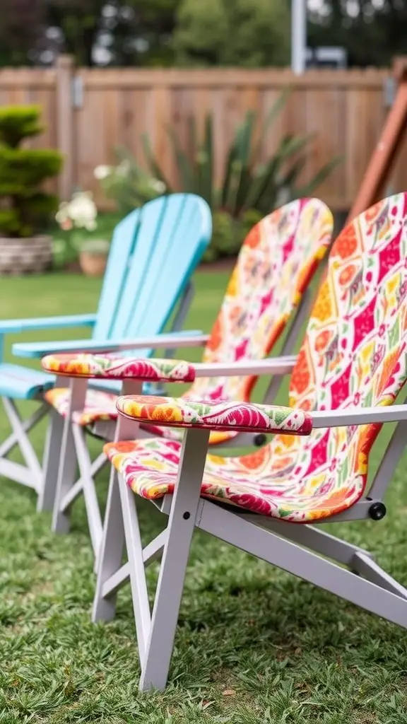 29 Affordable DIY Patio Furniture Ideas for Your Outdoor Space 10 Colorful folding lawn chairs with floral cushions in a backyard setting