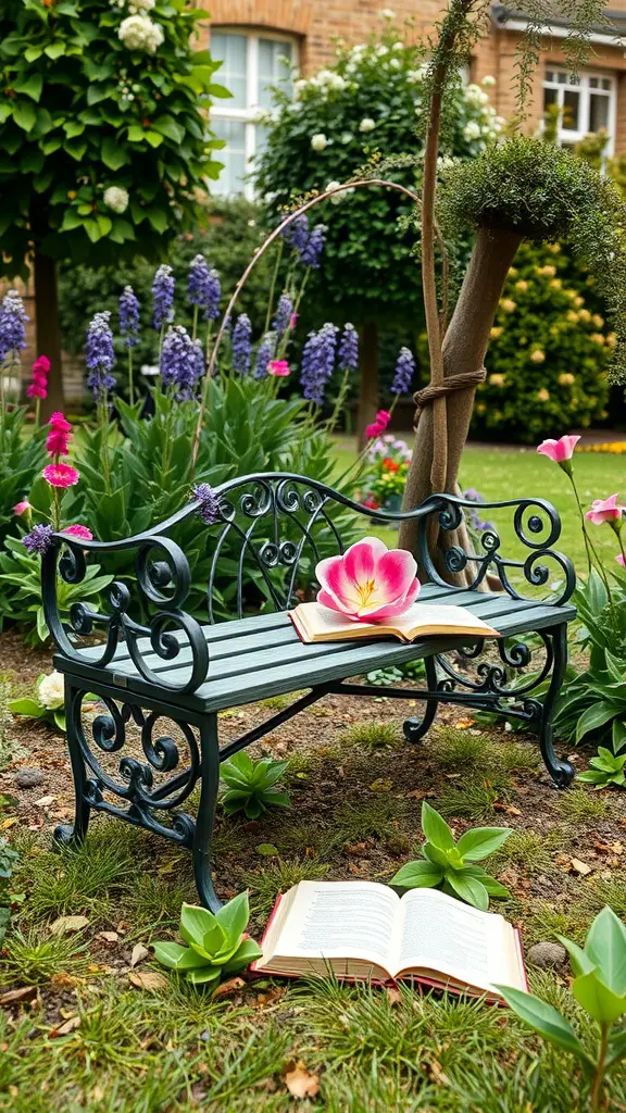 25 Creative Garden Bench Ideas to Enhance Your Outdoor Space 16 A small decorative garden bench with a flower and an open book placed on it, surrounded by colorful flowers and greenery.