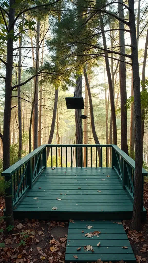 15 Stunning Deck Paint Color Ideas to Transform Your Outdoor Space 7 Deck painted in forest green color surrounded by tall trees