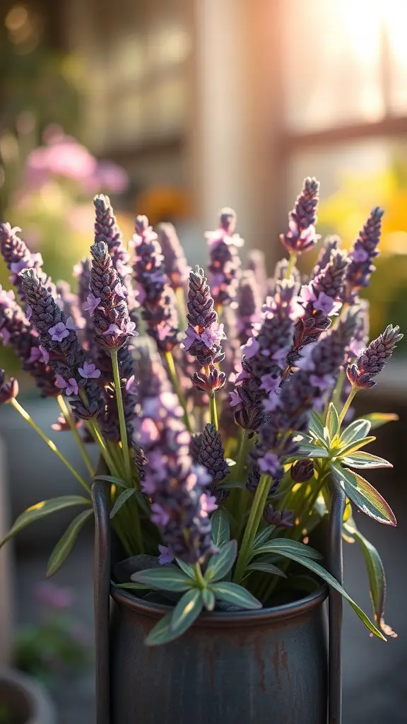 19 Stunning Container Plants for Full Sun Gardens 6 Container of vibrant purple lavender flowers in a sunny garden setting.