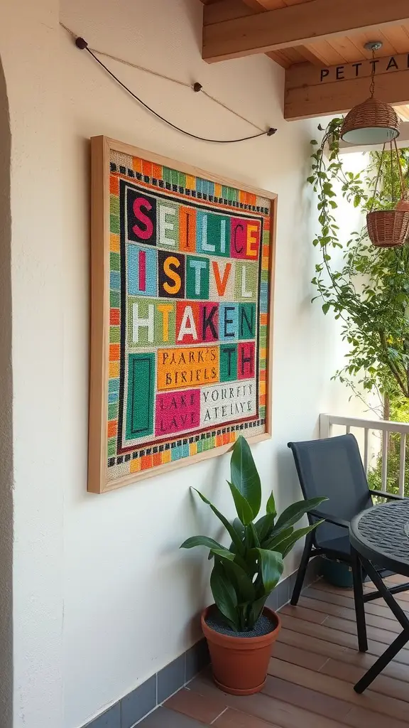 29 Affordable DIY Patio Furniture Ideas for Your Outdoor Space 20 Colorful framed fabric wall art displayed on a patio wall next to a potted plant and patio furniture.
