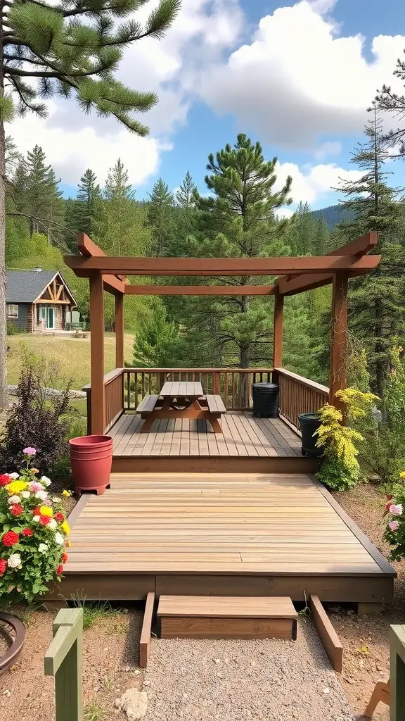 21 Unique Deck Layout Ideas You’ll Love 9 A freestanding wooden deck surrounded by trees and colorful flowers.