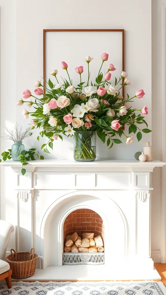 17 Charming Spring Fireplace Decor Ideas with TV Integration 6 A bright floral arrangement consisting of pink and white roses in a vase above a white mantel, with a cozy fireplace and decorative items.