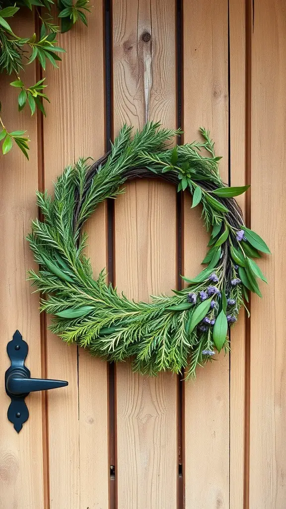 15 Beautiful DIY Spring Wreaths for Your Front Door 4 A fresh herb wreath made of various green herbs and purple flowers hanging on a wooden door.