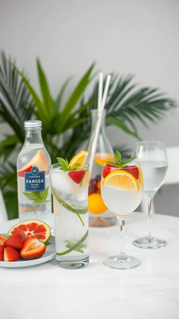 19 Stunning Summer Tablescape Ideas to Elevate Your Outdoor Dining 9 A refreshing display of fruit-infused drinks with strawberries, lemons, and mint on a table.