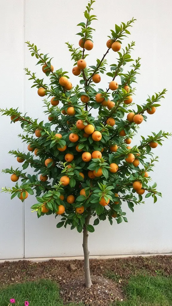 27 Creative Small Garden Plans for Limited Spaces 12 An orange tree trained in an espalier style, covered in ripe oranges against a white wall.