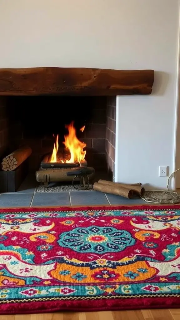 17 Charming Spring Fireplace Decor Ideas with TV Integration 14 Colorful hearth rug in front of a fireplace with flames