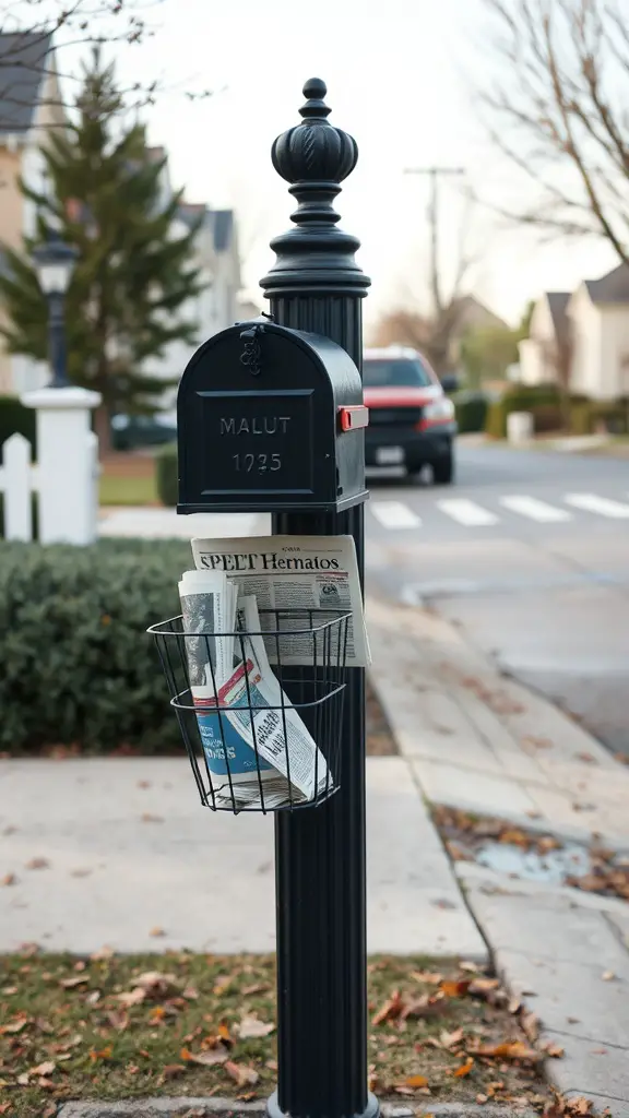21 Creative DIY Mailbox Post Ideas for a Unique Curb Appeal 14 A black mailbox with a newspaper holder, set on a suburban street.