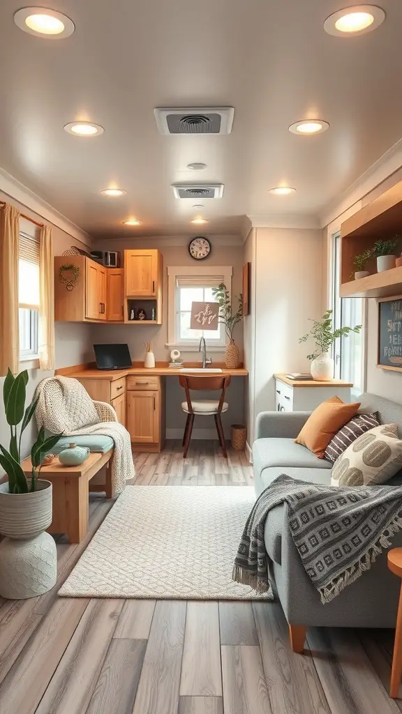 17 Inspiring Mobile Home Living Room Ideas to Transform Your Space 7 Cozy living room in a mobile home with a desk, sofa, and plants, showcasing functional multi-purpose design.