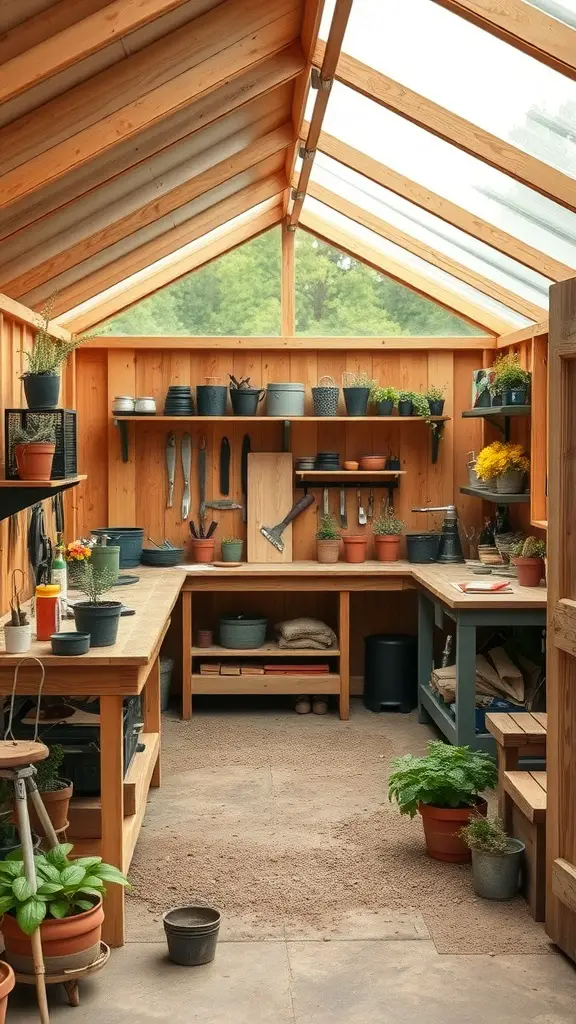 23 Stylish Potting Shed Interior Ideas for a Modern Touch 12 Interior view of a potting shed with wooden workbenches, shelves, and various potted plants.