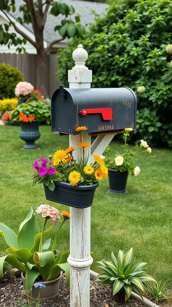 21 Creative DIY Mailbox Post Ideas for a Unique Curb Appeal 5 Garden-themed mailbox post with colorful flower planters and a black mailbox