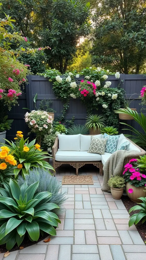 27 Creative DIY Outdoor Sectional Ideas for Your Backyard Retreat 19 Cozy outdoor sectional surrounded by vibrant flowers and greenery in a garden setting.