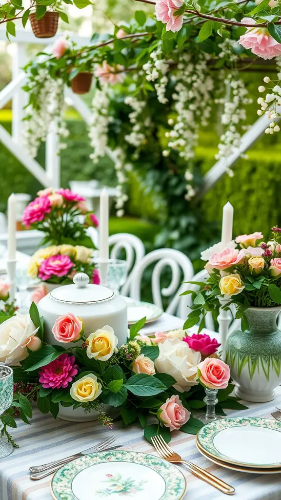 19 Stunning Summer Tablescape Ideas to Elevate Your Outdoor Dining 6 A beautifully arranged garden table with floral decorations, elegant tableware, and a serene atmosphere.