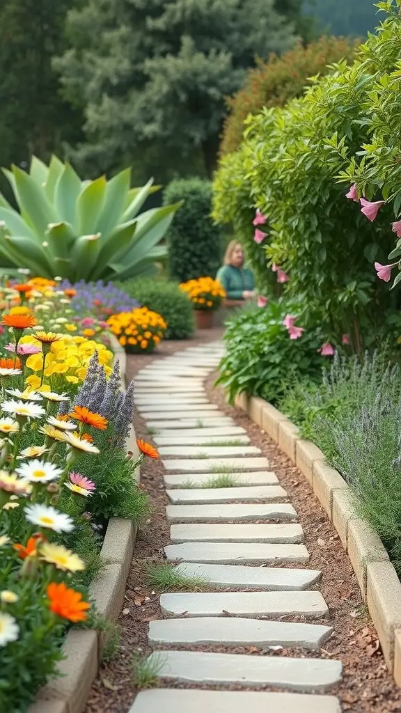 27 Creative Small Garden Plans for Limited Spaces 4 A garden pathway lined with flowers and greenery, leading through a vibrant garden.
