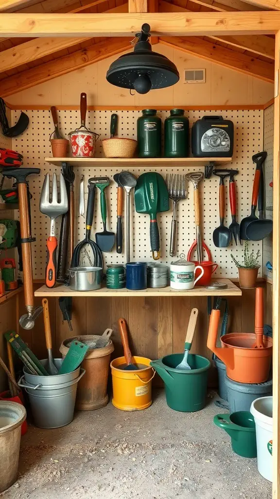 23 Stylish Potting Shed Interior Ideas for a Modern Touch 8 An organized potting shed interior with garden tools hanging on pegboard and various pots on shelves.