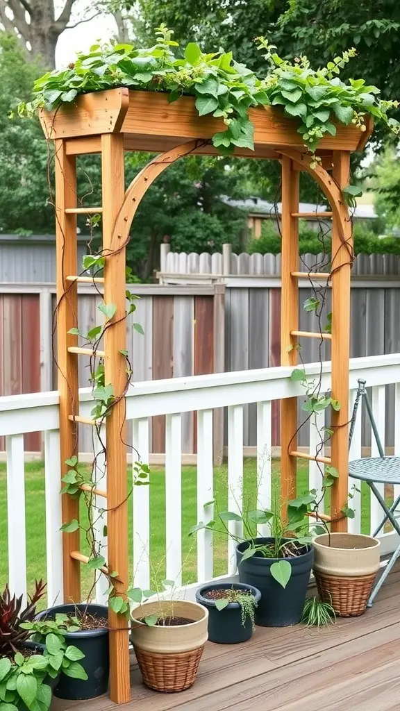 19 Charming Back Deck Decorating Ideas for a Cozy Outdoor Space 12 A wooden garden trellis with greenery and potted plants on a back deck.