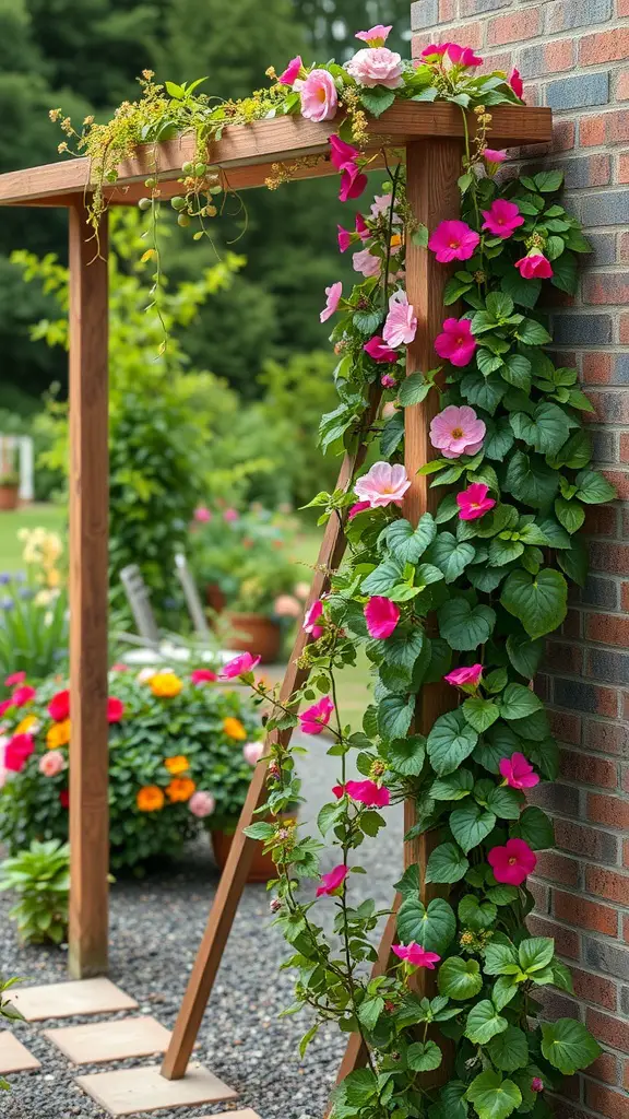 15 Creative Garden Craft Ideas to Brighten Your Outdoor Space 5 A wooden trellis covered in climbing pink flowers next to a garden with colorful flowers.