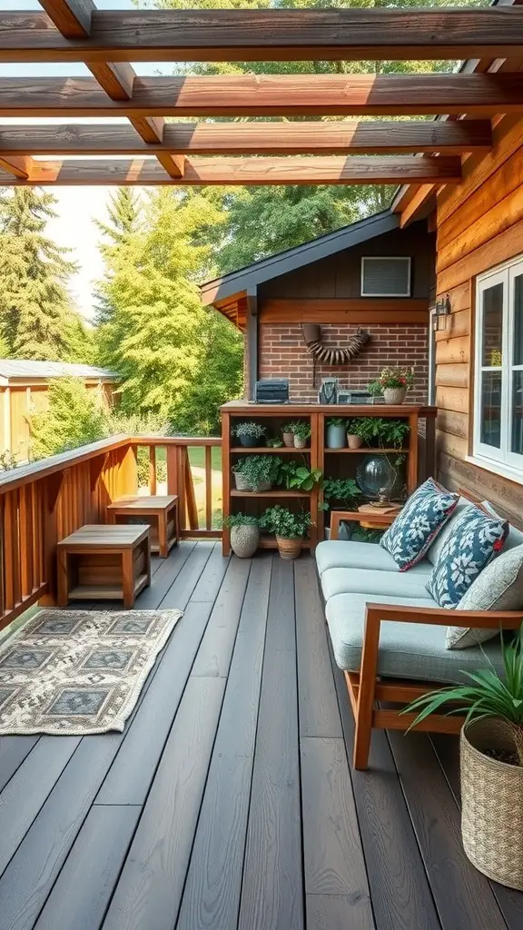 15 Stunning Deck Stain Colors to Transform Your Outdoor Space 5 A beautifully designed deck with Gentle Oak stain, featuring comfortable seating and potted plants.