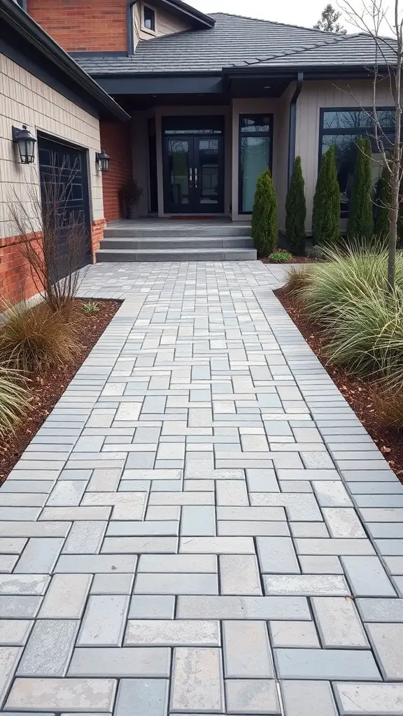 25 Stunning Brick Walkways to Enhance Your Front Door Curb Appeal 13 A geometric brick walkway leading to a modern front door, framed by greenery and a stylish home.
