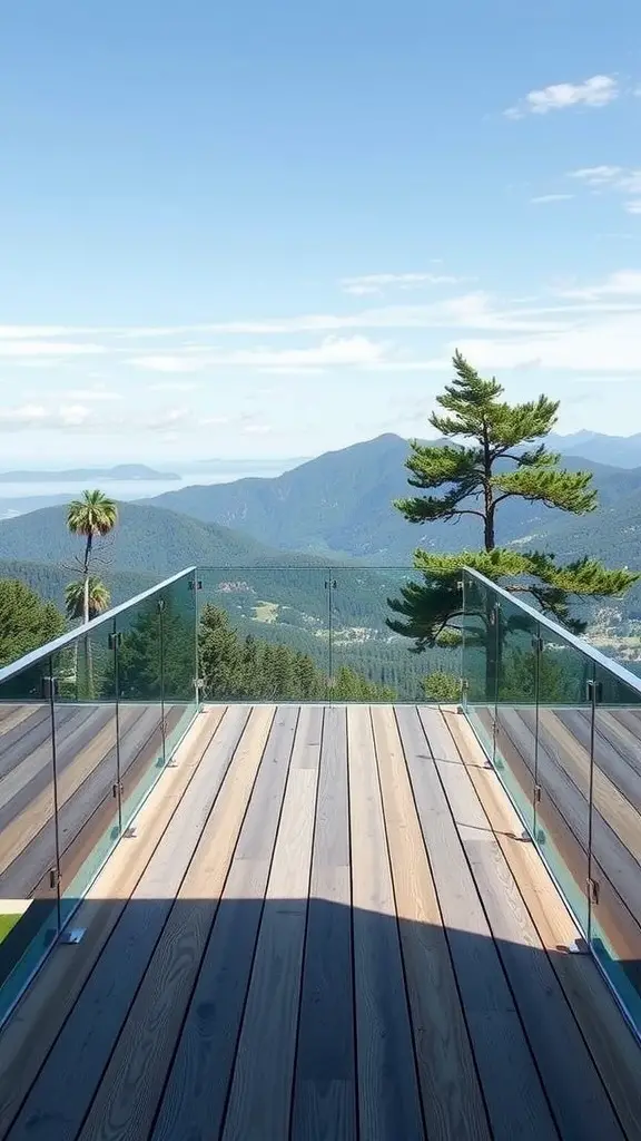 17 Stunning Modern Deck Ideas for Your Outdoor Space 13 A deck with glass railings overlooking mountains and a clear sky