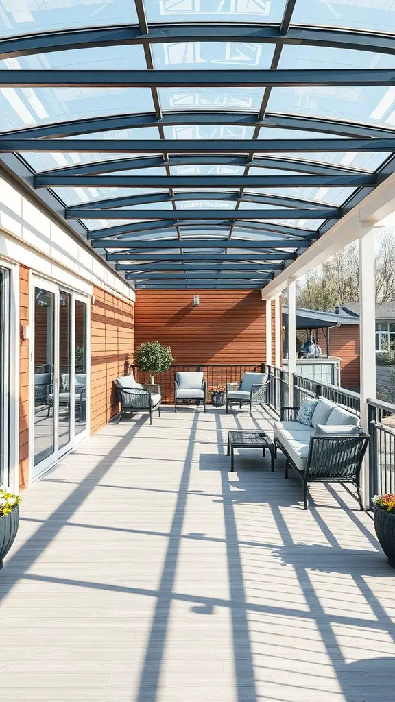 19 Creative Deck with Roof Ideas for Your Outdoor Space 8 A modern deck featuring a glass roof, wooden walls, and stylish outdoor furniture.