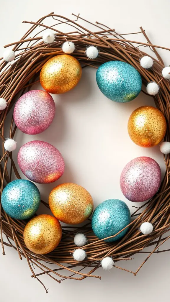 17 Creative DIY Easter Egg Wreath Ideas 7 Colorful glittery eggs arranged in a wreath