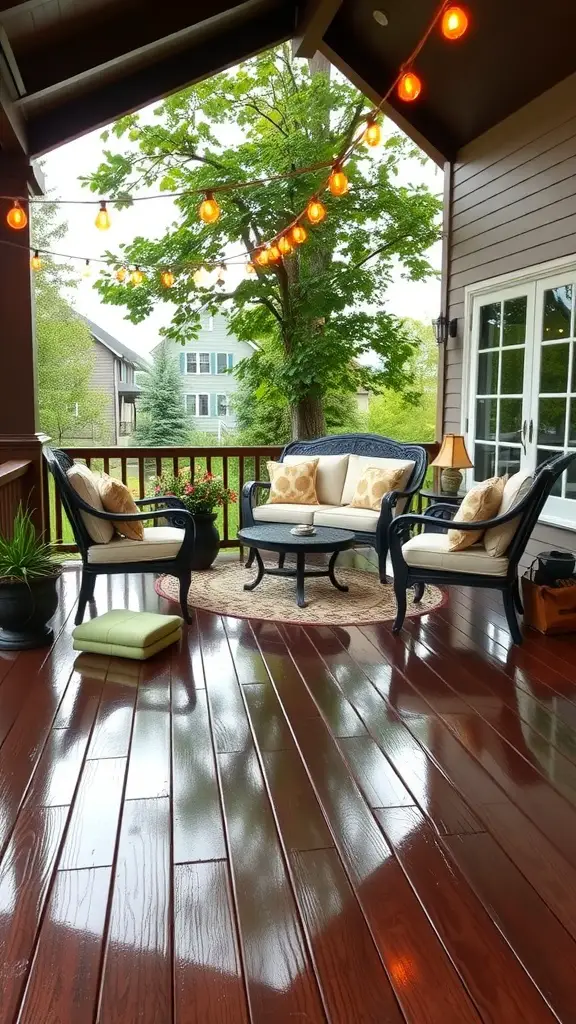 15 Stunning Deck Stain Colors to Transform Your Outdoor Space 16 A beautifully stained glossy chocolate deck with outdoor seating, surrounded by greenery and warm lighting.