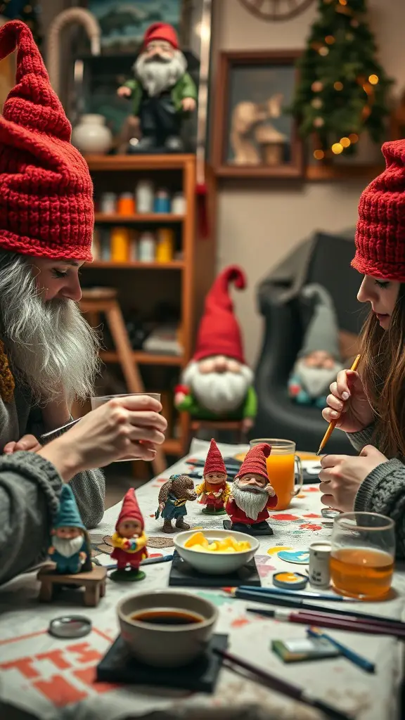 33 Creative Gnome-Inspired Mother's Day Ideas 4 Two individuals painting gnome figurines in a cozy setting