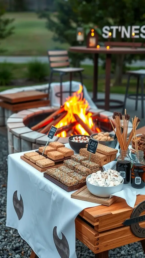17 Inspiring Backyard Patio and Fire Pit Ideas 18 A gourmet s'mores station next to a fire pit with various ingredients for making s'mores.