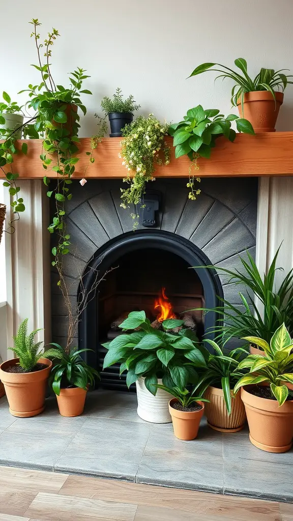 17 Charming Spring Fireplace Decor Ideas with TV Integration 8 A cozy fireplace decorated with various potted plants, creating a fresh and inviting atmosphere.