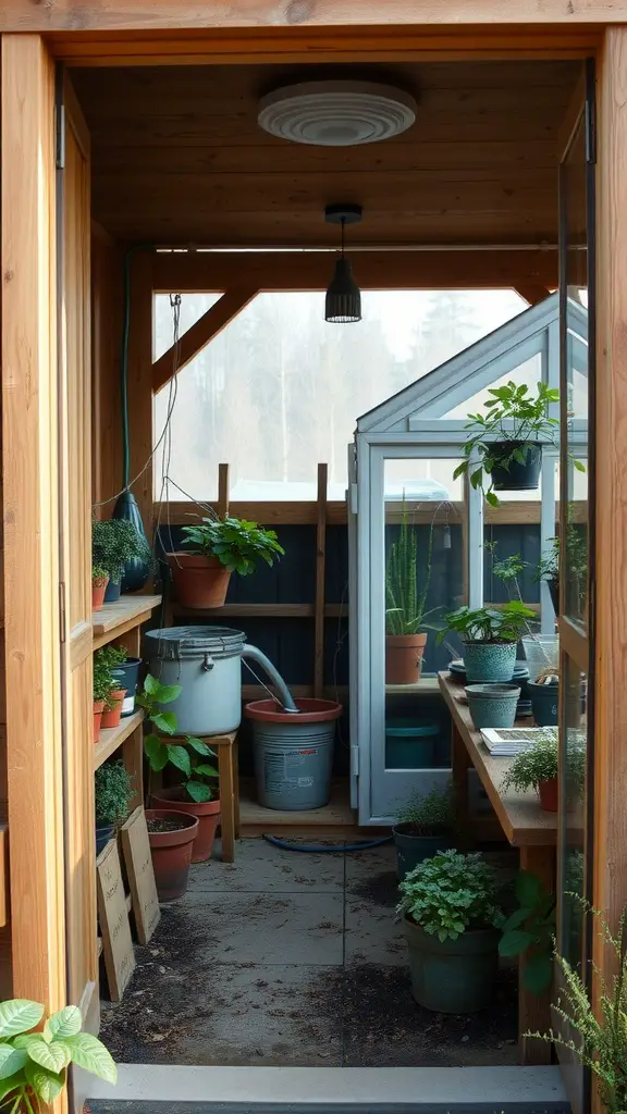 23 Stylish Potting Shed Interior Ideas for a Modern Touch 18 A cozy potting shed with a greenhouse, showcasing shelves of potted plants and a welcoming atmosphere.