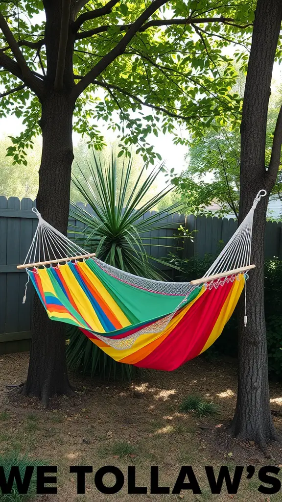 29 Affordable DIY Patio Furniture Ideas for Your Outdoor Space 15 A colorful hammock made from old sheets hanging between two trees.