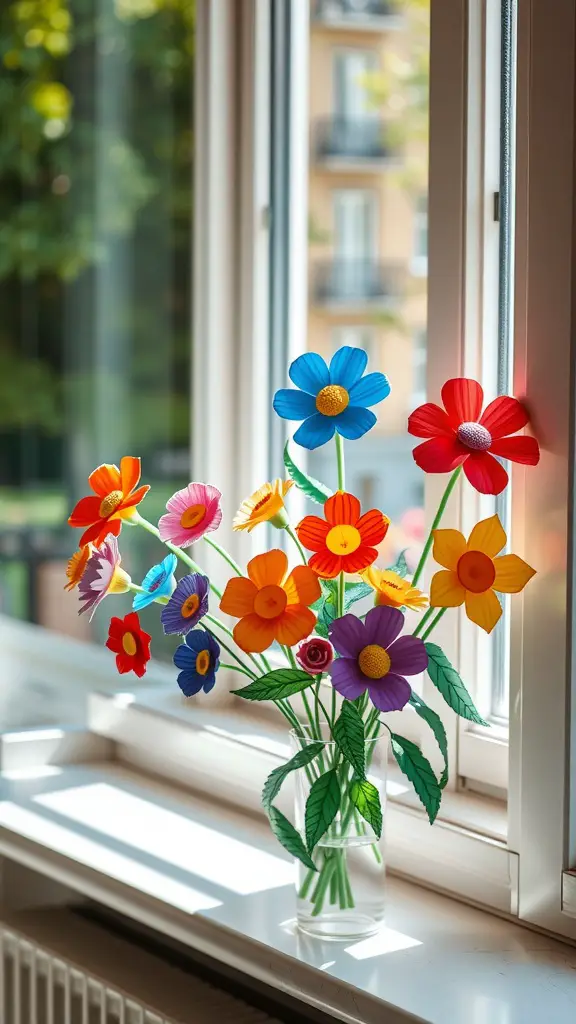 21 Creative Mother's Day Decor Ideas to Celebrate Mom 4 A vibrant bouquet of handcrafted paper flowers in a vase by a window