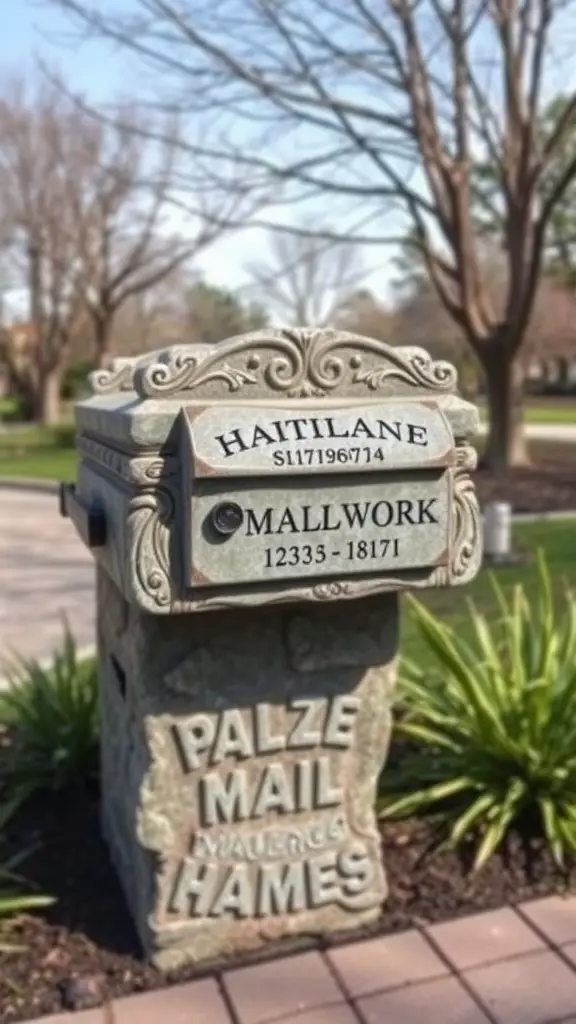 21 Creative DIY Mailbox Post Ideas for a Unique Curb Appeal 20 A handcrafted stone mailbox with detailed engravings and a sturdy base, set in a landscaped area.