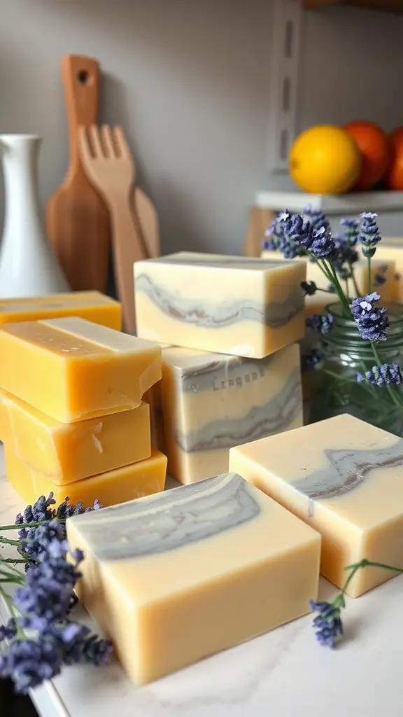 21 Spring DIY Crafts That Will Make Your Home Pop with Color! 17 A collection of handmade soaps in various colors and designs, surrounded by lavender flowers and kitchen utensils.